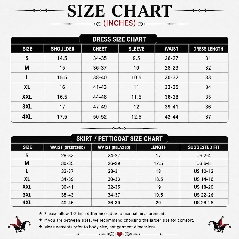 Puede incluir: Una tabla de tallas en blanco y negro para vestidos y faldas con medidas en pulgadas. La tabla enumera tallas de S a 4XL, detallando dimensiones de hombro, pecho, manga, cintura y largo. Incluye notas sobre medici&oacute;n manual y ajuste.