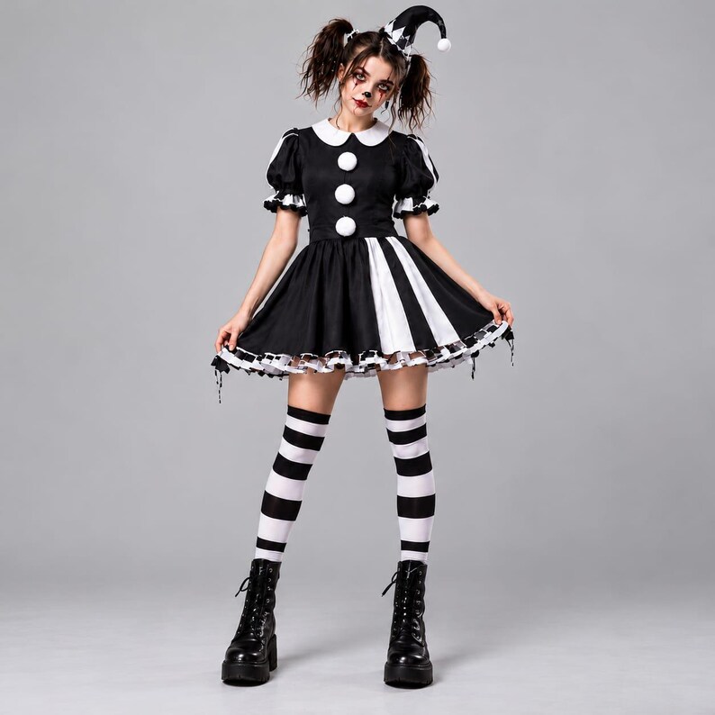 Puede incluir: Un disfraz de buf&oacute;n en blanco y negro que consiste en un vestido de manga corta con cuello blanco, tres botones blancos grandes y un dobladillo con volantes. El conjunto incluye un gorro de buf&oacute;n a juego con pompones, medias a rayas y botas.