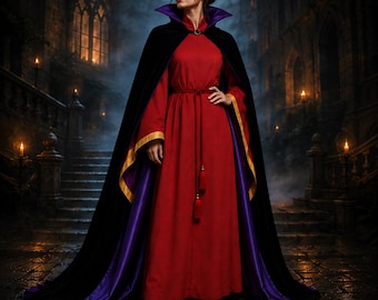 Puede incluir: Un vestido rojo largo hasta el suelo con mangas largas y un cordón fino en la cintura, combinado con una capa de terciopelo negro con cuello alto, forro morado vibrante y bordes dorados. La capa se sujeta al cuello con un broche circular oscuro.