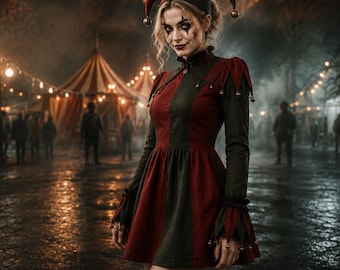 Puede incluir: Un disfraz de bufón que presenta un vestido de dos tonos en rojo oscuro y verde bosque con mangas largas, puños acampanados y cuello alto. El conjunto incluye un gorro de bufón a juego de dos puntas con pequeños cascabeles dorados.