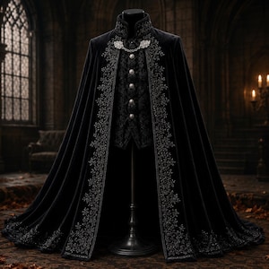 May include: A black velvet floor-length cape featuring intricate silver floral embroidery along the front edges and hem. The cape is secured at the neck with a silver metal chain clasp and is displayed over a matching black patterned vest.