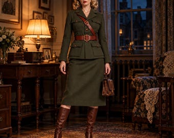 Puede incluir: Un traje verde oliva compuesto por una chaqueta entallada con cuatro bolsillos delanteros y una falda a juego hasta la rodilla. El conjunto se completa con un cinturón de cuero marrón y una correa a juego, junto con botas altas de cuero.