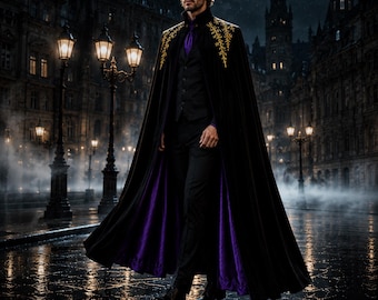 Puede incluir: Una capa negra larga hasta el suelo con bordados dorados en los hombros y un forro de color morado vibrante. La capa se lleva sobre un chaleco negro, una corbata morada y pantalones negros, creando un conjunto formal con cuello alto.