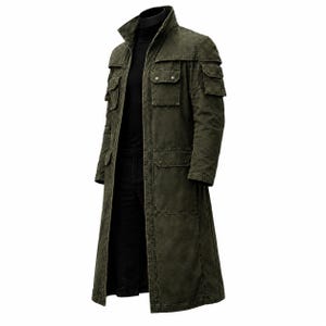 May include: An olive green long-length utility coat featuring a high collar, a full-length front zipper, and multiple flap pockets on the chest and shoulders. The garment is constructed with visible stitching and a structured, heavy-duty fabric finish.
