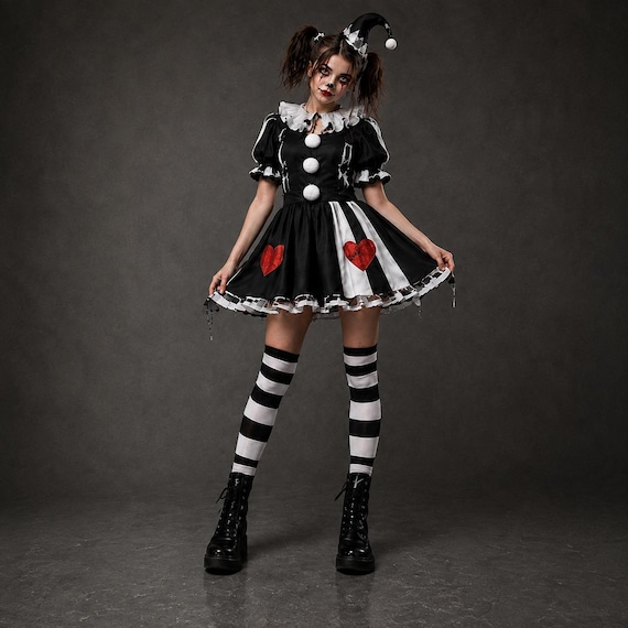 Women Jester Costume, Black White Harlequin Clown Dress, Scary Halloween Costume, Gothic Circus Outfit, Adult Jester Cosplay