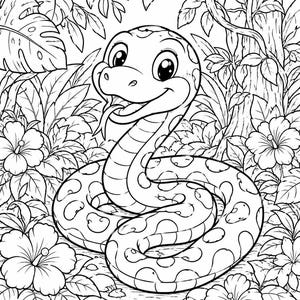 May include: A black and white line art coloring page illustration featuring a smiling snake with a patterned body, positioned in the center. The snake is surrounded by detailed tropical foliage, including large monstera leaves and hibiscus flowers.