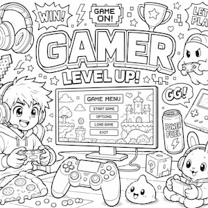 May include: A black and white coloring page featuring the text GAMER LEVEL UP, a person wearing headphones playing a video game, a computer monitor showing a game menu, a handheld console, a ghost, a rabbit, a slice of pizza, and a drink can.