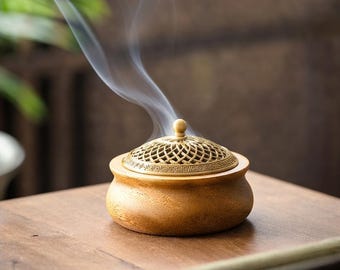 Solid Walnut Incense Burner, Vintage Metal Lid, Zen Meditation Decor