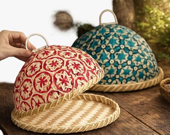 Handmade Rattan Fruit Basket with Lid, Woven Food Cover, Round Kitchen Organizer