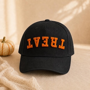 Halloweenmuts met 'Trick or Treat'-opdruk | Gepersonaliseerde 3D-tekst | Baseballpet met omgekeerd borduurwerk