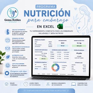 May include: A digital nutrition program for pregnancy displayed on a laptop screen. The interface features tables and charts for tracking patient BMI, weight gain, nutritional requirements, and key nutrients like folic acid, iron, and calcium.