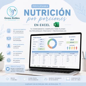 May include: A laptop screen displays a nutrition program in Excel by Gema Robles, featuring a dashboard with a nutritional summary, macronutrient pie chart, BMI calculation, and a meal plan table with columns for breakfast, lunch, dinner, and snacks.