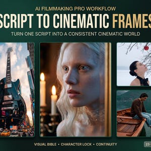 May include: A 23-page PDF titled AI FILMMAKING PRO WORKFLOW SCRIPT TO CINEMATIC FRAMES. The cover displays four images: a black electric guitar in a city, a person near candles, a person looking at a red apple in snow, and a person in a wooden boat.