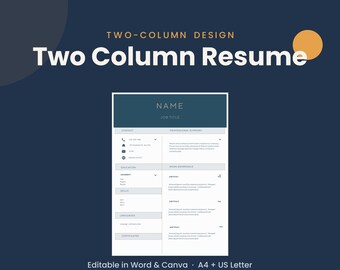 Two Column Resume Template | Modern Professional CV | Editable in Word & Canva | Instant Download