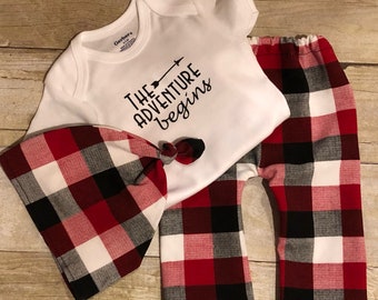 Buffalo Plaid Newborn Personalized hat and pants set Red and black top knot Name Hat lumberjack