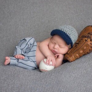 Newborn Baseball hat and Pants Set Gray with Blue Pinstripes Backward hat, Snap back, outfit Photo Prop image 2