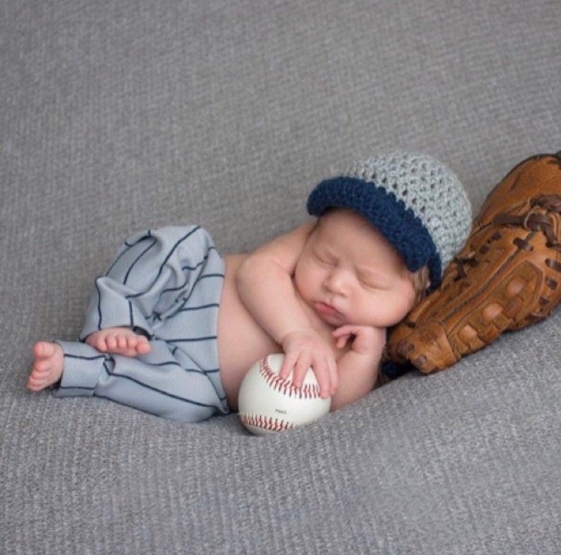 Newborn Baseball hat and Pants Set Gray with Blue Pinstripes Backward hat, Snap back, outfit Photo Prop image 2