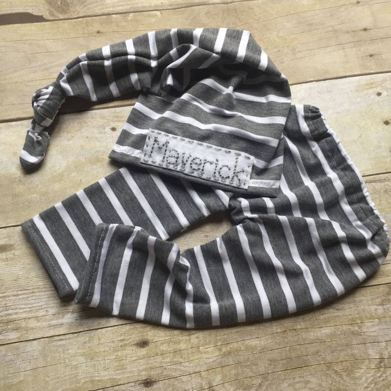 Personalized Newborn Striped Baby Top Knot Hat With Name Gray Etsy