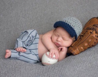 Newborn Baseball hat and Pants Set Gray with Blue Pinstripes outfit Photo Prop