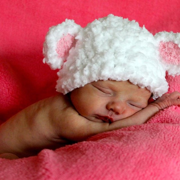 Baby Lamb fluffy white Pink Ears |Crochet Hat Newborn Photo Prop | Easter Baby