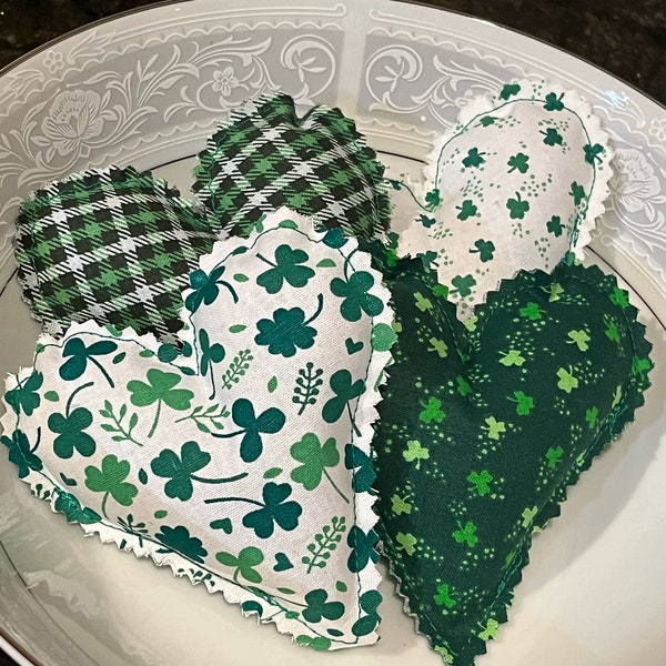 Fabric hearts, St. Patricks Mini Fabric Valentine Hearts, Ready to Ship,  green White Hearts, Tiered Tray, Bowl Filler, Farmhouse, lot of 8