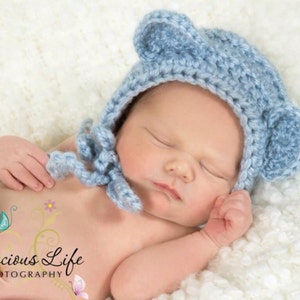 Newborn Teddy Bear Bonnet crochet Hat with Ears Any Color Baby Photo Prop