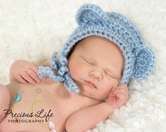 Newborn Teddy Bear Bonnet crochet Hat with Ears Any Color Baby Photo Prop