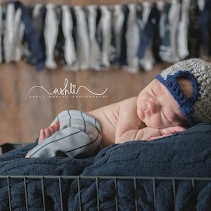 Newborn Baseball hat and Pants Set Gray with Blue Pinstripes Backward hat, Snap back, outfit Photo Prop image 1