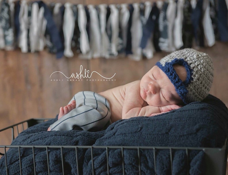 Newborn Baseball hat and Pants Set Gray with Blue Pinstripes Backward hat, Snap back, outfit Photo Prop image 1