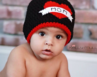 Mom Tattoo Crochet Hat newborn Baby Photo Prop black red heart Valentine