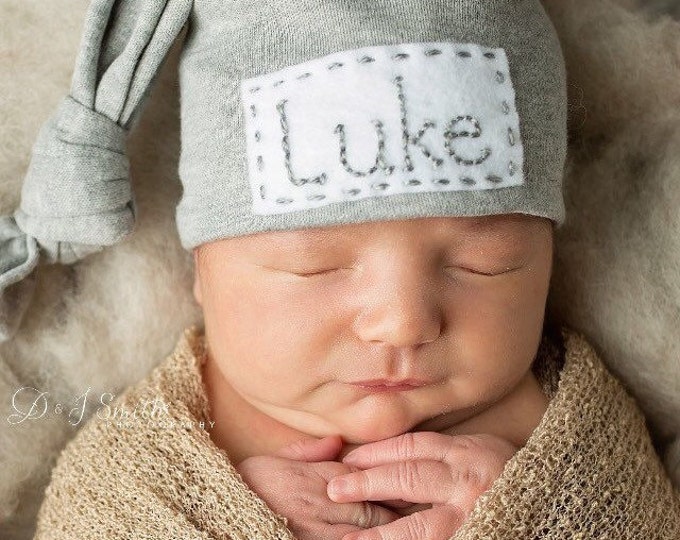 Personalized Newborn Baby Top Knot Hat With Name Blue Gray or - Etsy