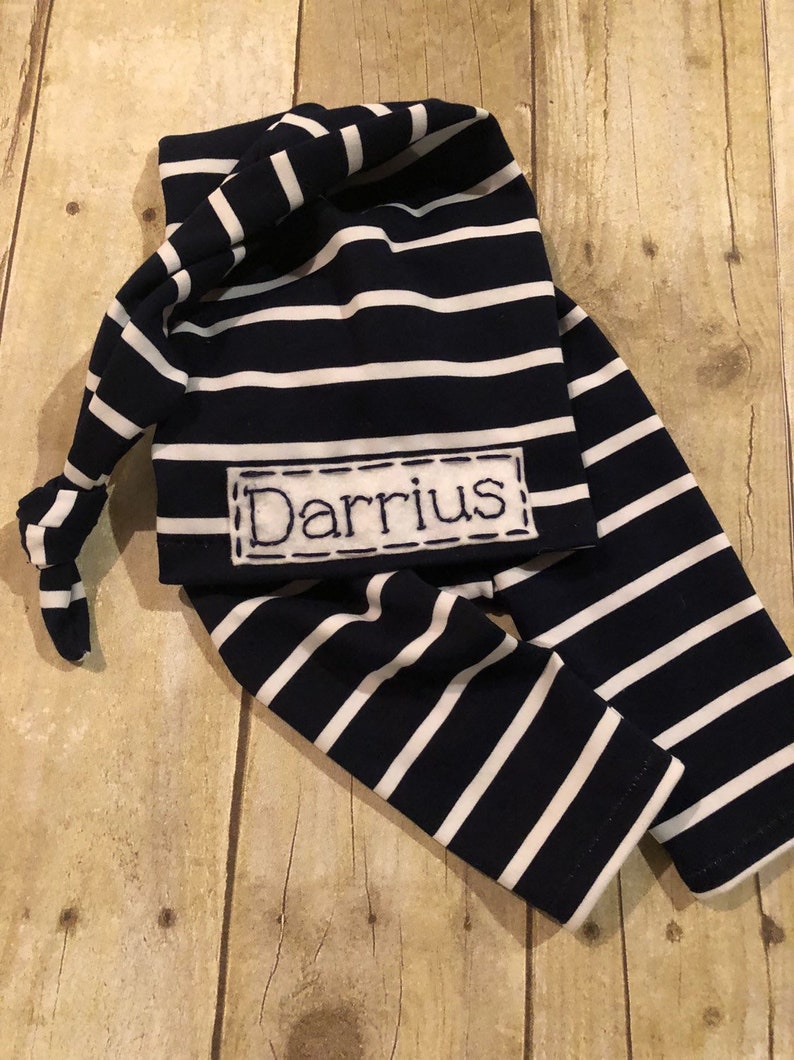Personalized Newborn Striped Baby Top Knot Hat With Name Gray Etsy