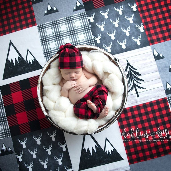 Newborn Top Knot Beanie Buffalo Plaid Red White Black Hospital hat, pants, and pillow set Baby Lumberjack Ready To Ship or personalized