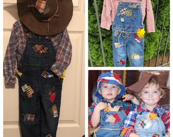 Custom Preorder Scarecrow for Costume, Halloween, 3-6, 6 month, 2T, 3T, 4t, 5T, overalls, plaid shirt and hat set, baby, child