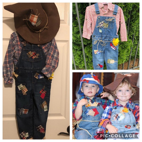 Custom Preorder Scarecrow for Costume, Halloween, 3-6, 6 month, 2T, 3T, 4t, 5T, overalls, plaid shirt and hat set, baby, child