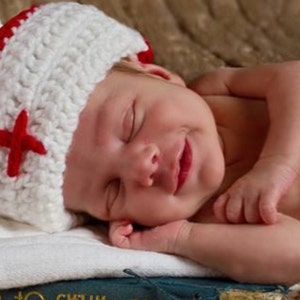 Nurse crochet hat baby newborn photo prop white and Red Cross
