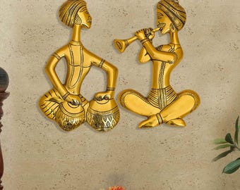 Rajasthani Musiker Wandbehang-Set (2-teilig) | Handgefertigte Wanddekoration aus Metall im Stil der Volkskunst