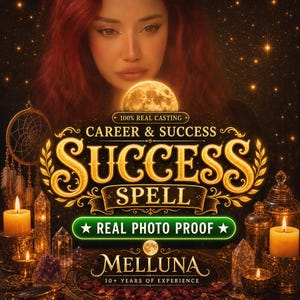 Puede incluir: Un gráfico digital con el texto 100% REAL CASTING CAREER & SUCCESS SUCCESS SPELL REAL PHOTO PROOF MELLUNA 10+ YEARS OF EXPERIENCE. La imagen incluye una luna brillante, velas encendidas, cristales y un atrapasueños sobre un fondo oscuro.