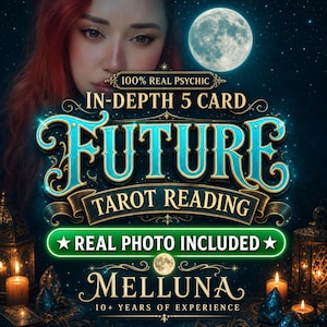 Könnte beinhalten: Eine digitale Grafik mit dem Text 100% REAL PSYCHIC IN-DEPTH 5 CARD FUTURE TAROT READING REAL PHOTO INCLUDED MELLUNA 10+ YEARS OF EXPERIENCE. Das Design zeigt einen Vollmond, leuchtende Laternen und eine Person mit roten Haaren.