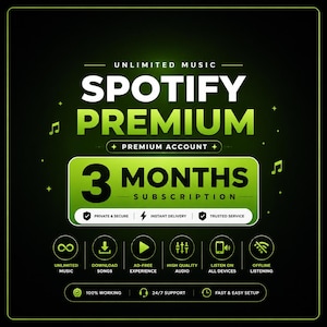 May include: A digital graphic for a 3-month Spotify Premium subscription featuring a black background with green text and accents. It lists features like unlimited music, ad-free experience, high-quality audio, and offline listening with icons.