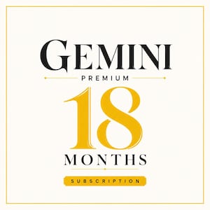 Könnte beinhalten: Ein Grafikdesign mit dem schwarzen Text GEMINI, dem Wort PREMIUM in kleineren schwarzen Buchstaben, einer großen gelben Zahl 18, dem schwarzen Text MONTHS und einem gelben Rechteck mit dem schwarzen Text SUBSCRIPTION auf weißem Grund.