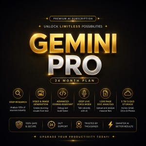 Gemini Pro Plan Premium de 24 meses / Todas las funciones de IA / Investigación profunda • Generación de imágenes • Codificación • Almacenamiento de 5 TB