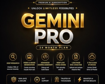 Piano Premium Gemini Pro di 24 mesi / Tutte le funzionalità AI / Ricerca approfondita • Generazione di immagini • Codifica • 5 TB di spazio di archiviazione