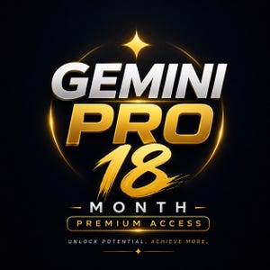 May include: A graphic design featuring the silver text GEMINI and the gold text PRO 18 MONTH PREMIUM ACCESS. The design includes a glowing gold circular ring, a four-pointed star, and the text UNLOCK POTENTIAL. ACHIEVE MORE. on a black background.