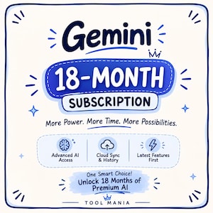 Op de afbeelding: Een vierkante afbeelding voor een Gemini 18-maanden abonnement. De tekst luidt Gemini, 18-Month Subscription, More Power. More Time. More Possibilities. Iconen vertegenwoordigen geavanceerde AI-toegang, cloud-synchronisatie en nieuwste functies.