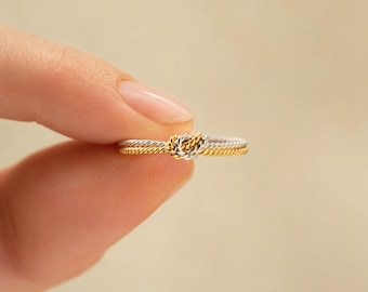 Two Tone Knot Ring, Dainty Copper Rope Ring, Gold Silver Promise Ring, Boho Wedding Band, Bridesmaid Gift, Minimalist Stackable Ring