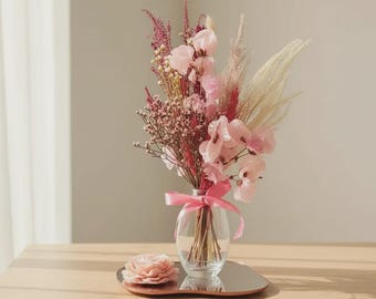 Dried Bougainvillea Flower Arrangement in Glass Vase