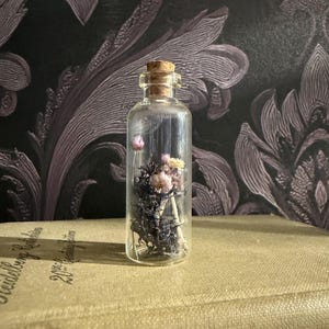 Op de afbeelding: Een klein, doorzichtig glazen flesje met een kurken stop, gevuld met een verzameling gedroogd, donkerpaars mos en delicate, lichtroze en crèmekleurige bloemen die in de transparante houder zijn gerangschikt tot een botanisch geheel.