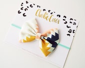 Baby/Girls Fabric Bow Headband- Tribal Print Hair Bow Headband by Charlie Coco's "Peach, Mint, Navy and Gold"