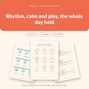 Puede incluir: Un paquete de recursos digitales Early Years Bundle con tres juegos de tarjetas y 25 páginas. El diseño incluye una tabla How are you feeling con nueve iconos de emociones y etiquetas, además de tarjetas de rutina diaria y texto educativo.